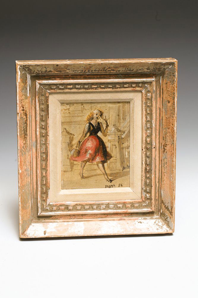 1952 Reginald Marsh (1898-1954) Oil Painting: Reginald Marsh (American, 1898-1954) A young woman walking on a New York City street signed and dated 'Marsh 52' (lower right) oil on masonite in vintage frame.Provenance: previously offered at Bonham