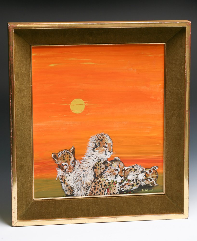 Fleur Cowles (1908-2009) Leopard Cubs at Rest: Original Fleur Cowles oil on masonite painting, signed and dated 1968 depicting four leopard cubs. Original label on verso marked "CUBS AT ...... Painted (for?)...... Mrs. James ....... by Fleur Cowle