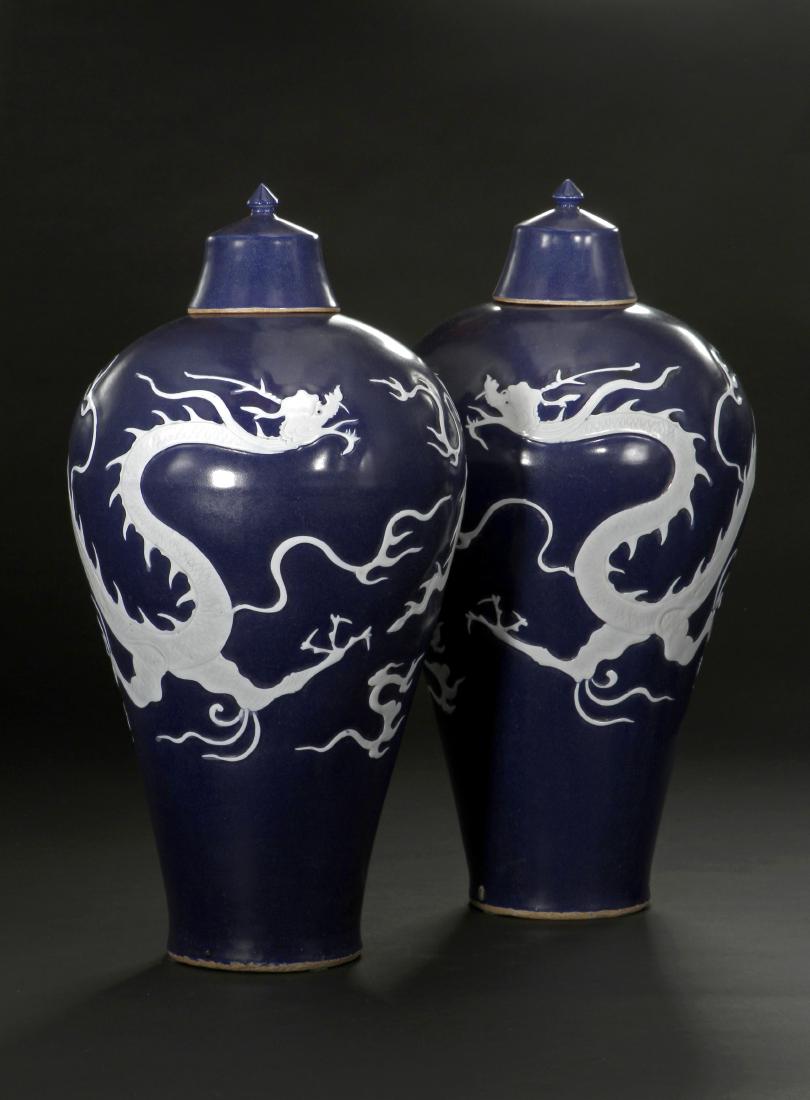 Pair Blue Enameled White Reserved Dragon Vases (1 of 18)