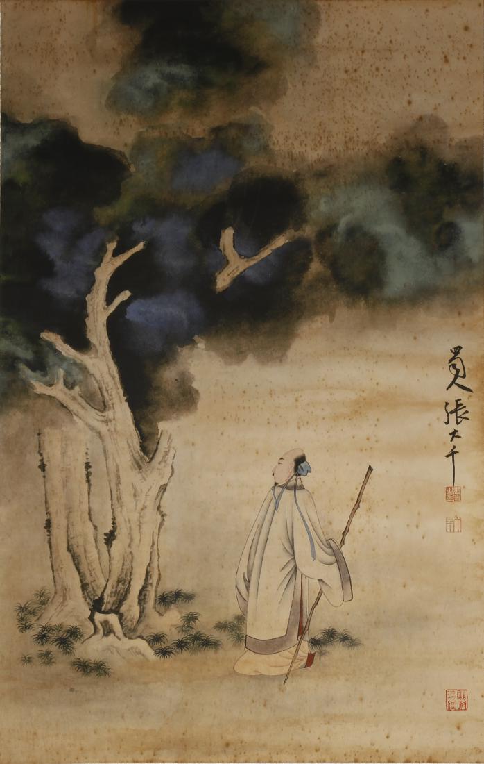 Chinese Scholar Hanging Scroll: Ink and color on paper depicting a scholar, inscribed with seals, and Alice Boney collection seal "Bon Ney Zeng Cang", age related wear, size: 36 x 22.5 inch. Provenance: Estate of Mrs. Margaret Goldn