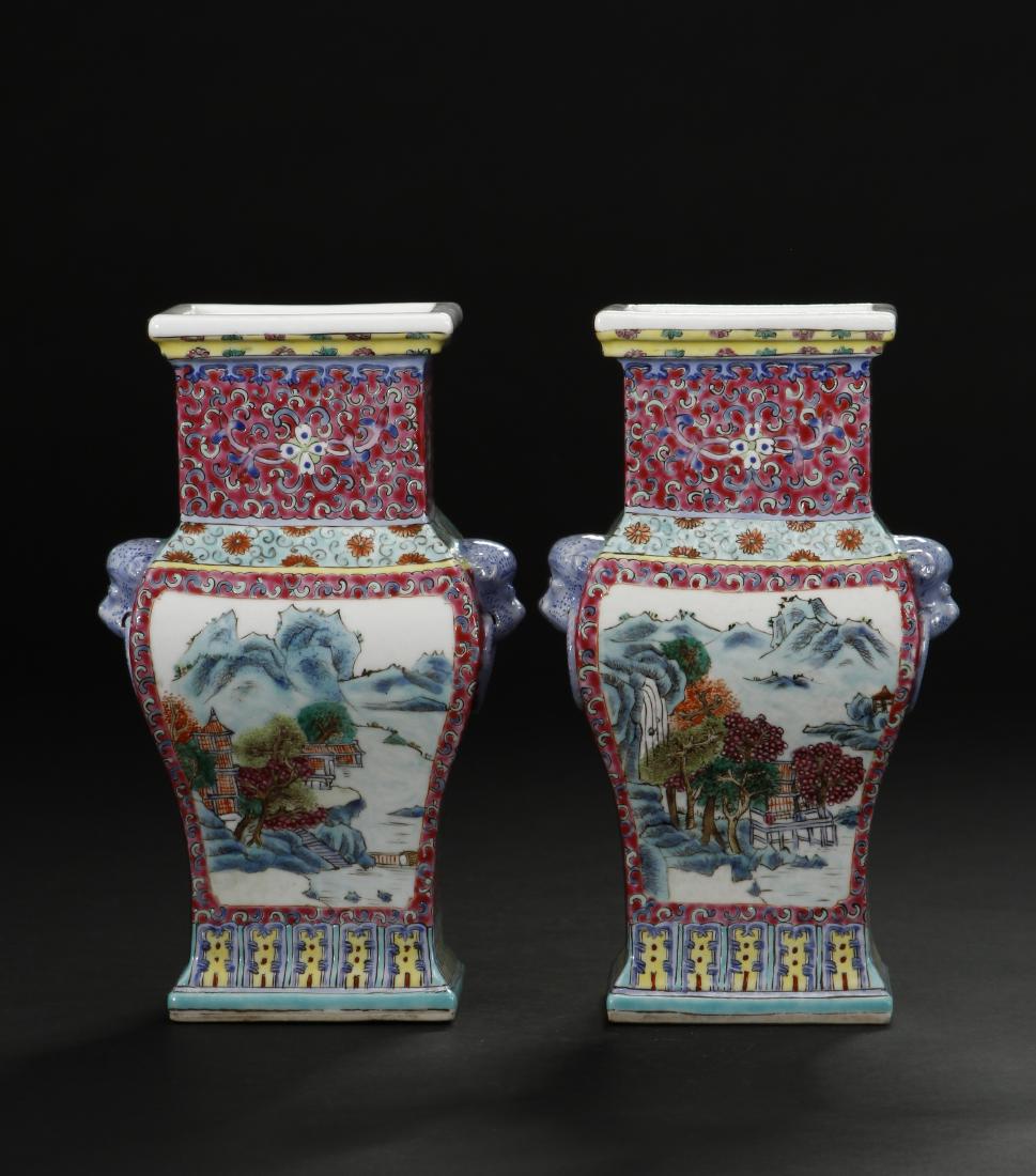 Pair of Ruby-Ground Famille Rose Vases (1 of 8)