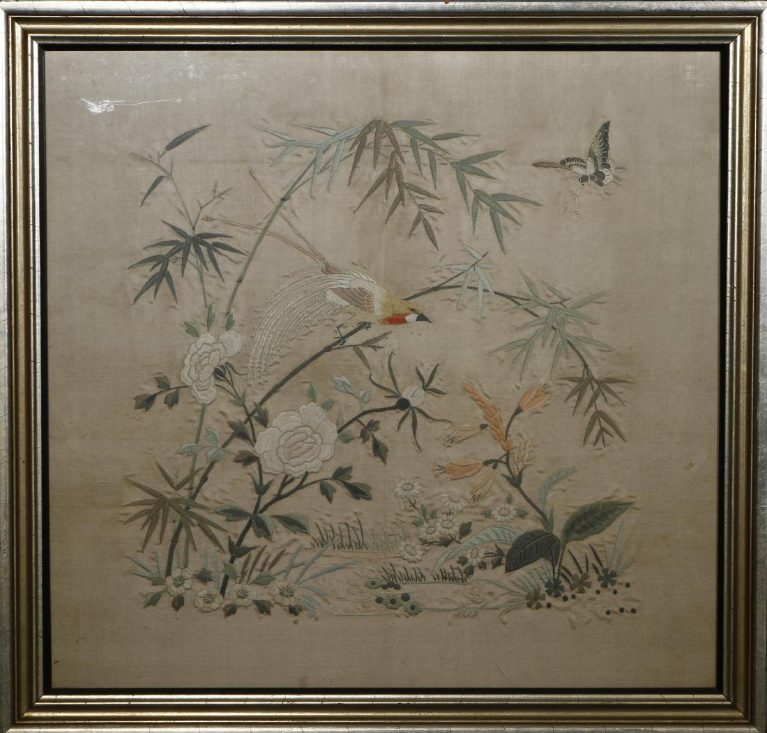 Framed Silk Embroidery of Flowers and Birds (1 of 3)