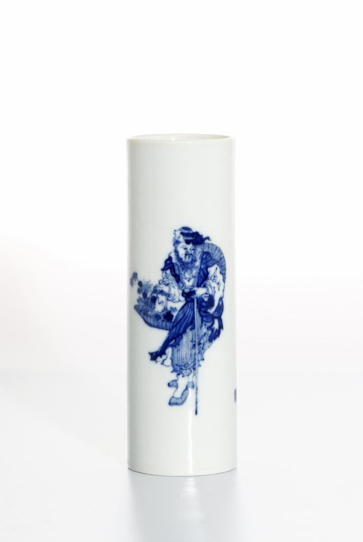 Blue and White Brushpot, Wang Bu mark: Possible Wang Bu, of cylindrical section, the exterior decorated in underglaze blue with a old man holding a walking stick and a basket, with a 'Wang Bu' seal mark next to it, the base with six-charac
