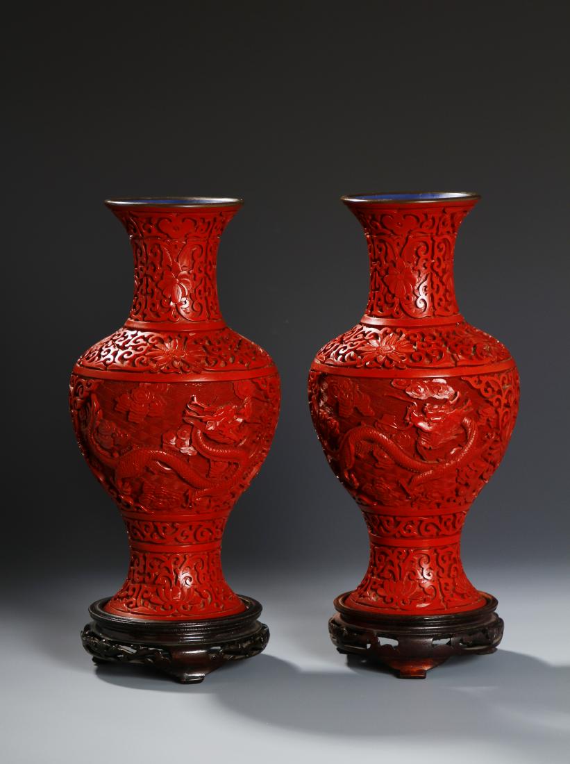 Pair of Chinese Cinnabar Lacquer Baluster Vases (1 of 5)
