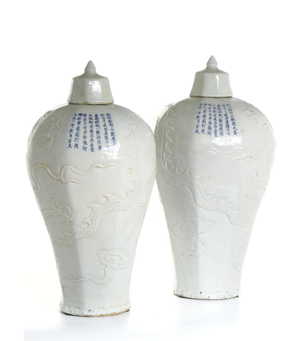 Chinese Pair Large Carved Ching-Pai Baluster Vases (1 of 14)