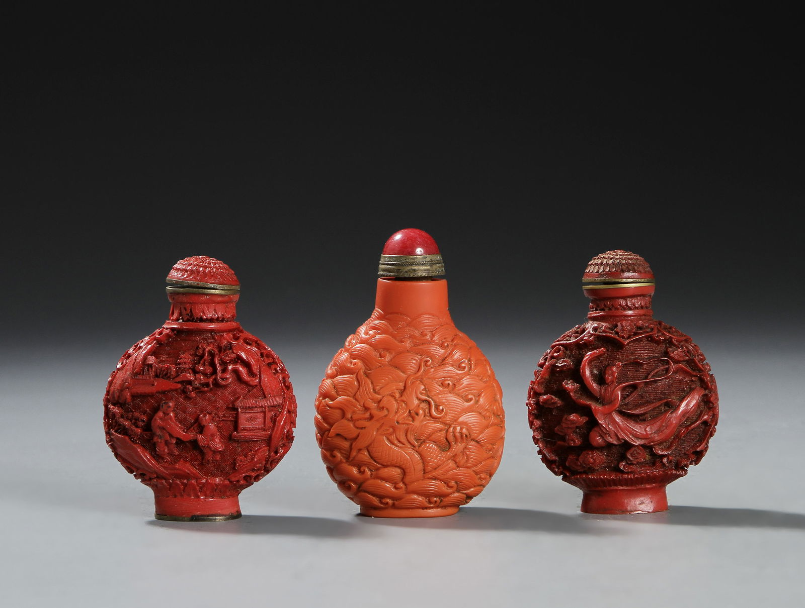 Three Chinese Cinnabar Lacquer Snuff Bottles (1 of 5)