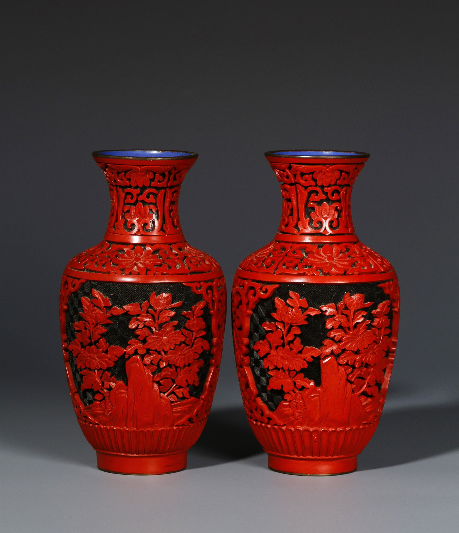 Pair of Cinnabar Lacquer Bottle Vases (1 of 4)