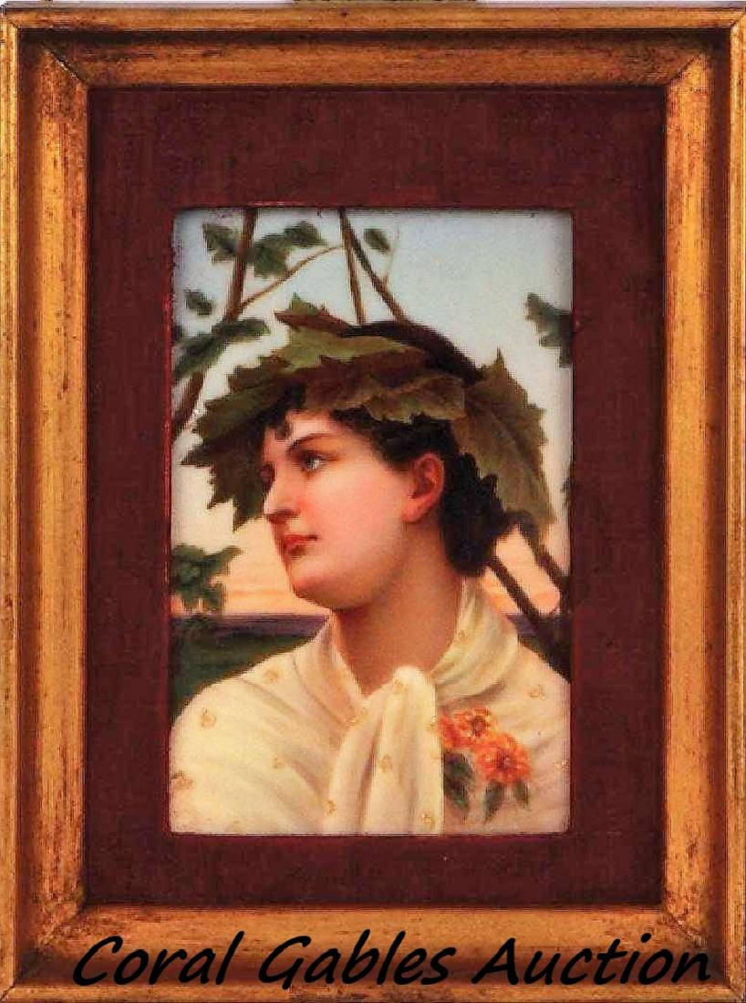 KPM porcelain plaque, Unter Rebenlau: K.P.M porcelain plaque, 4.2'' x 6.2'', with frame 7.0'' x 9.3'', hand-painted, marked K.P.M. with scepter, late 1800s, Unter Rebenlaub, nach A. Siefert,