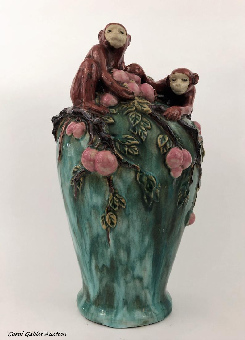Majolica vase with decorative monkeys