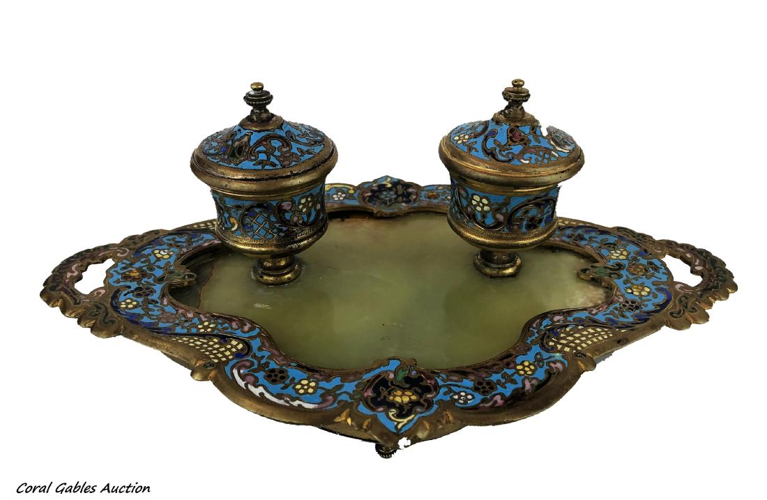 Antique bronze inkwell and champleve: Antique bronze inkwell and champleve. Measure 3 1/2"in H x 10"in W.