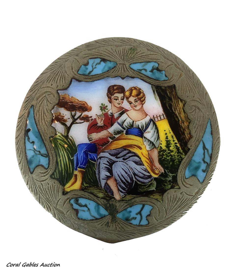 Miniature box of silver and enamel: Miniature box of silver and enamel. Measure 3"in diameter.