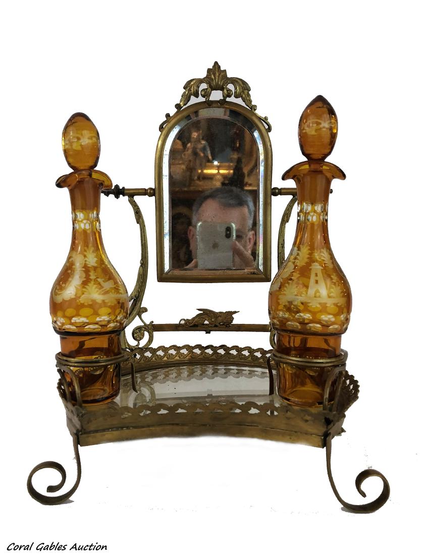 Pair of bohemian crystal perfume bottles, circa 1920: Pair of bohemian crystal perfume bottles with their base, circa 1920. Measure 13 1/2"in H x 9 1/2"in W.