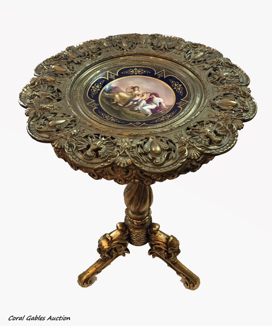 Antique bronze and wood table with plate Royal Vienna (1 of 2)