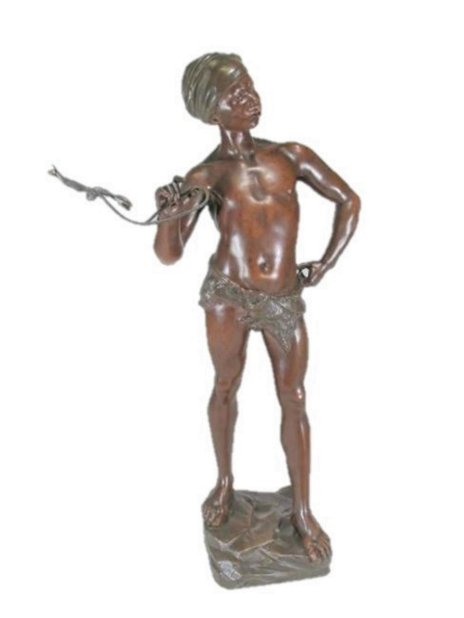 Adolphe Jean LAVERGNE (act.1863-1928) Orientalist: Adolphe Jean LAVERGNE (act.1863-1928) Orientalist bronze sculpture of a boy, signed. 21 in H x 8 3/4 in W x 5 1/2 in D not included the wire. 11 3/4 in W x 9 in DÂ