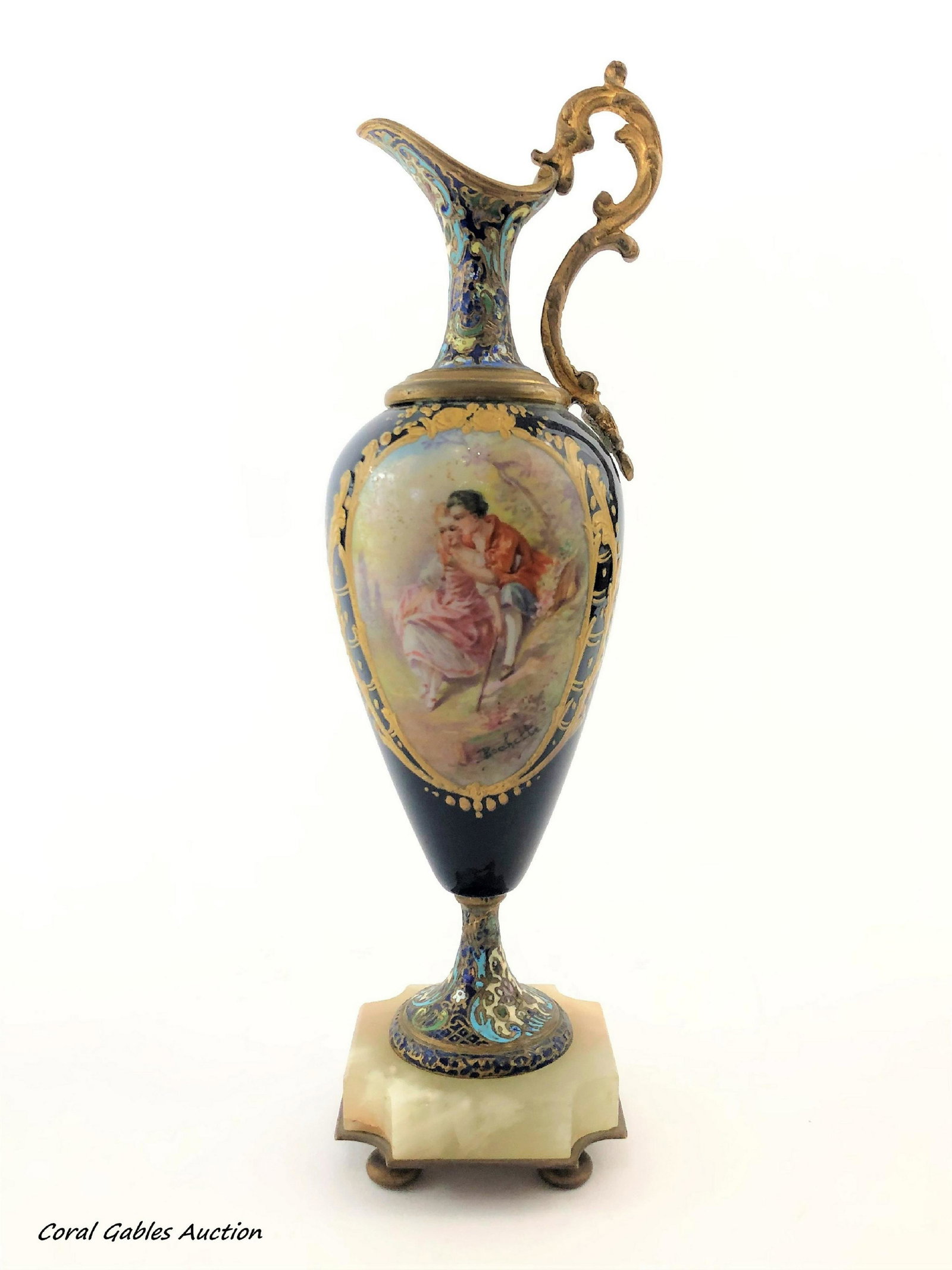 Antique amphora style sevre and champleve: Antique amphora style sevre and champleve. Measure 10"in H.