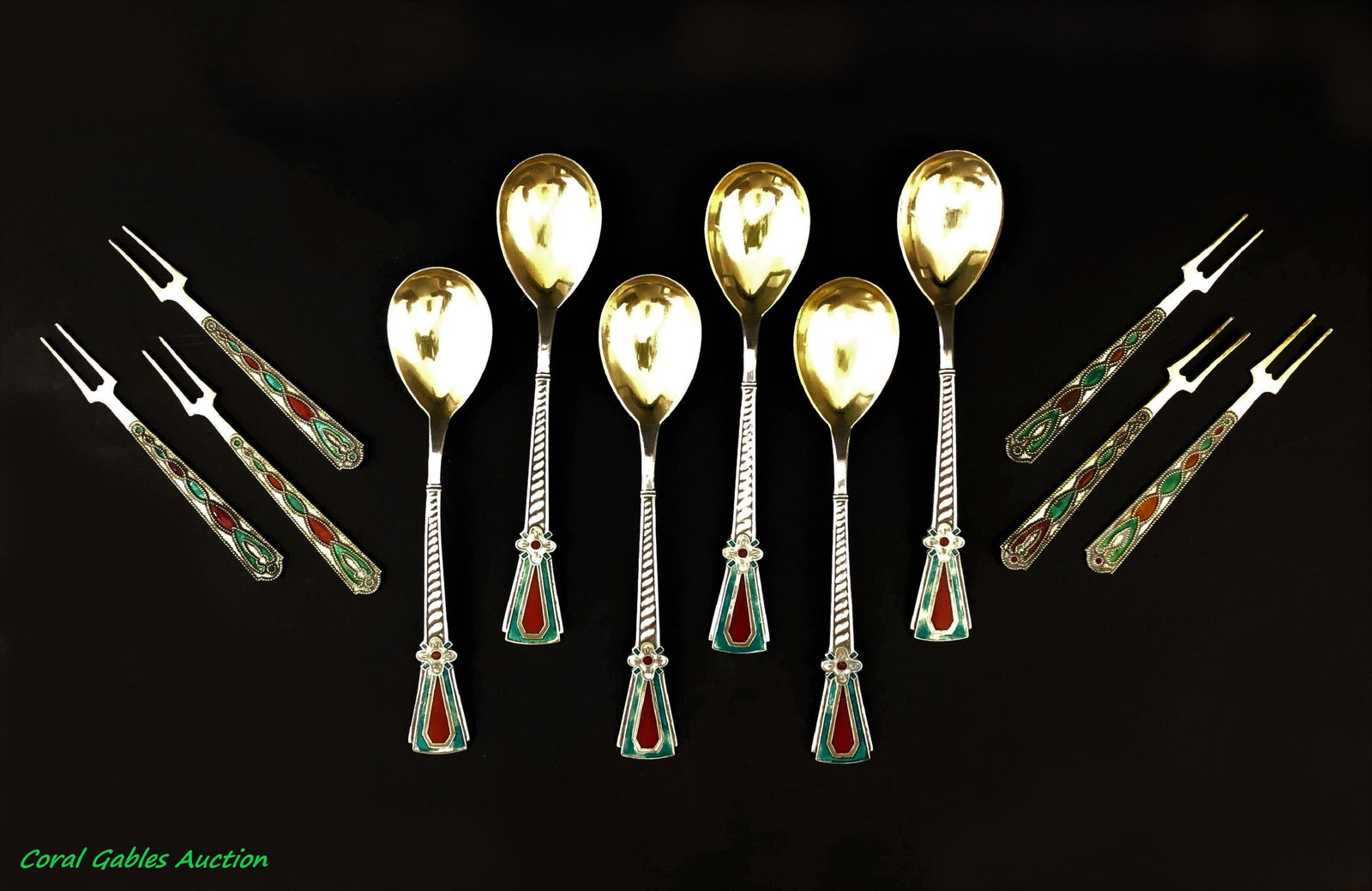 Russian spoons and sterling silver forks with enamel. (1 of 3)