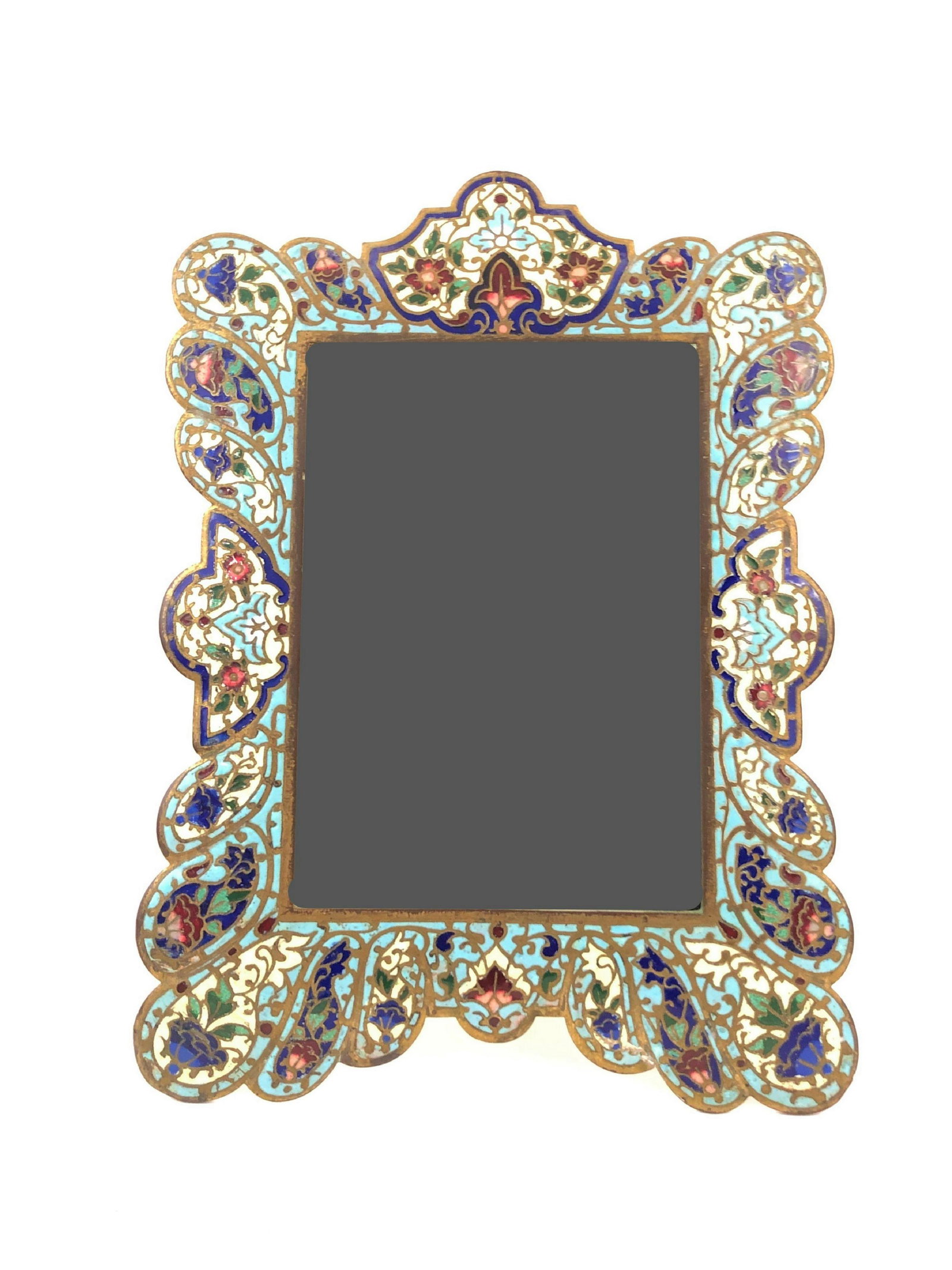 French Brass and Champleve Enamel Frame: French Brass and Champleve Enamel Frame. Measure 9"in H x 6"in W.