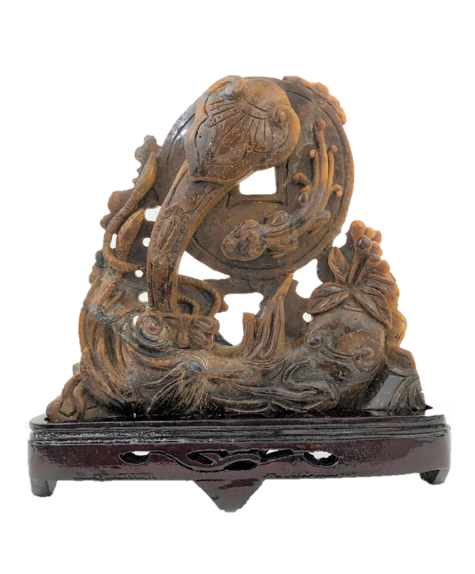 Chinese Carved Tiger Eye Figure: Chinese Carved Tiger Eye Figure. Mesaure 7 1/2"in H x 7 1/4"in W x 1 1/2"in D including the wooden base.