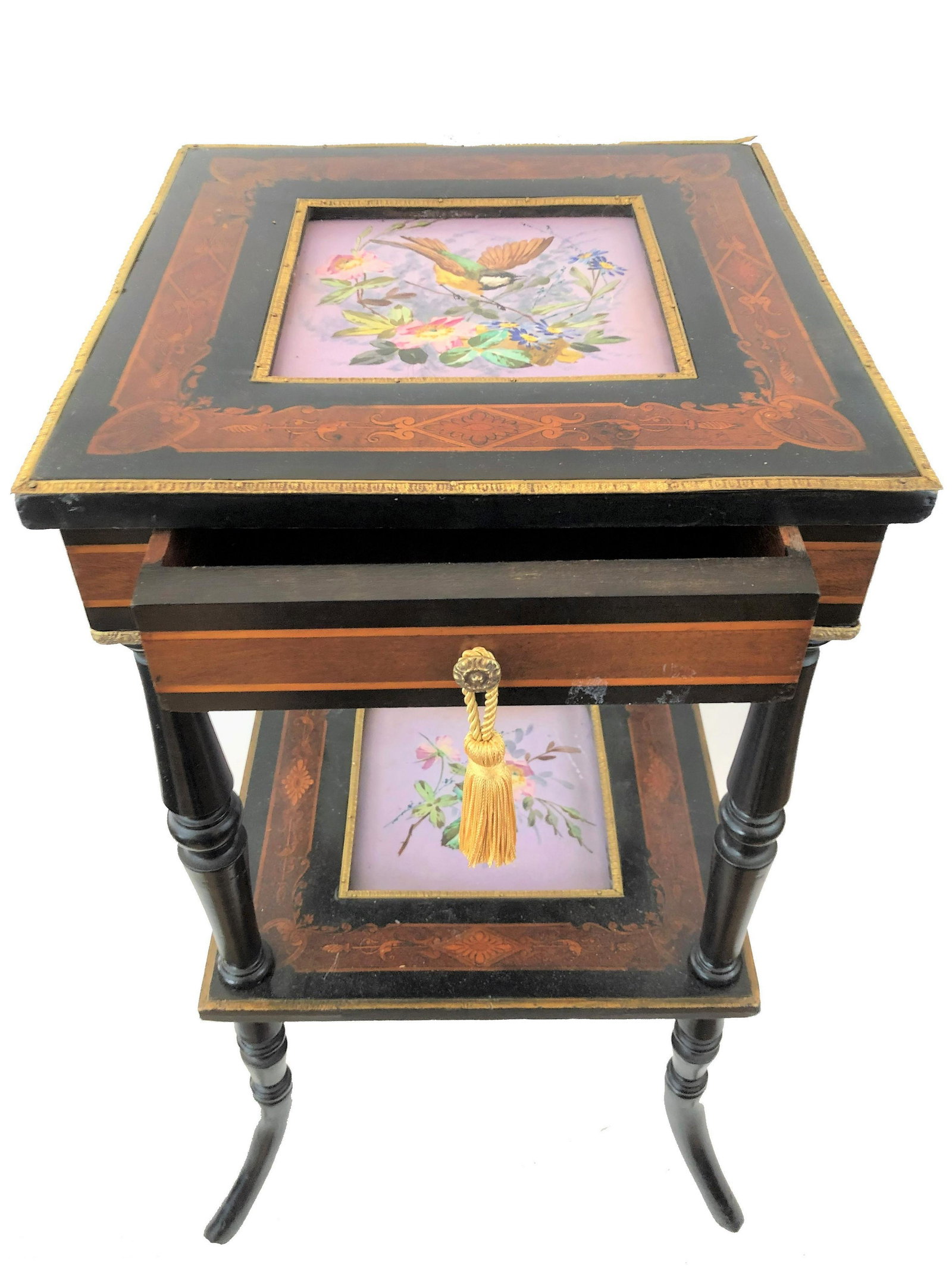 Wood table with porcelain plaques: Wood table with porcelain plaques. Measure 29 1/2"in H x 15"in W x 15"in D.