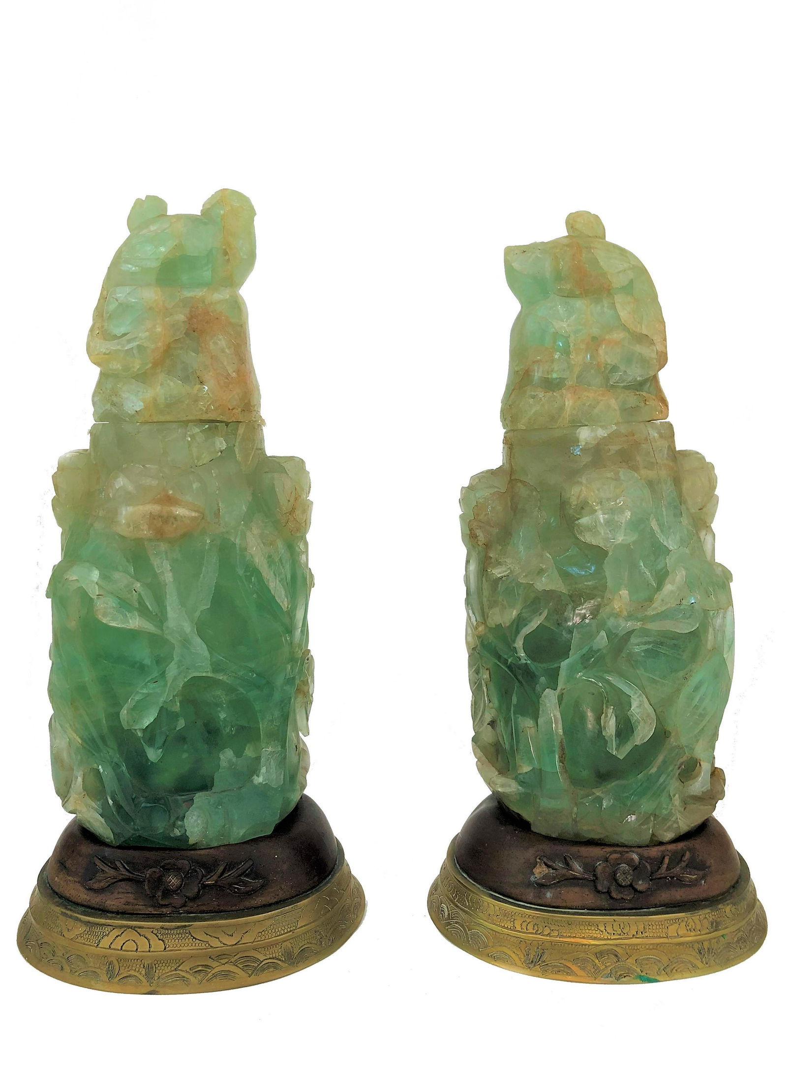 Pair Antique Chinese Carved Green Quartz Lamps (1 of 3)