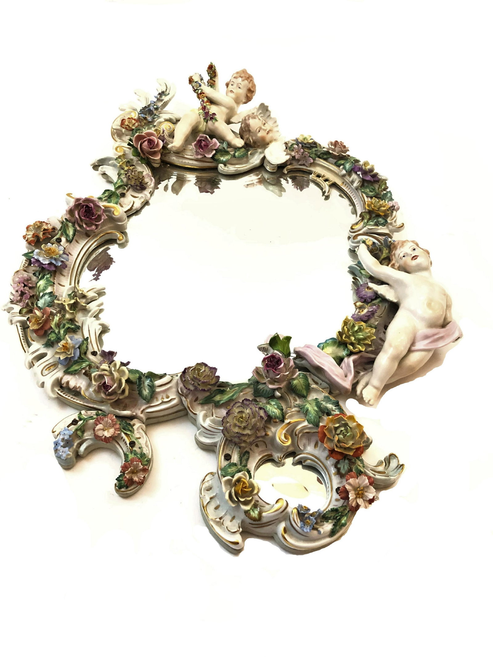 Mirror with Floral Porcelain Frame, German: Mirror with Floral Porcelain Frame, German, Presumably Late 19th Century. Signed Kaiser Porcelain (Bavaria, Germany) - ca 1970 - Present. Measure 34"in H x 23"in W.