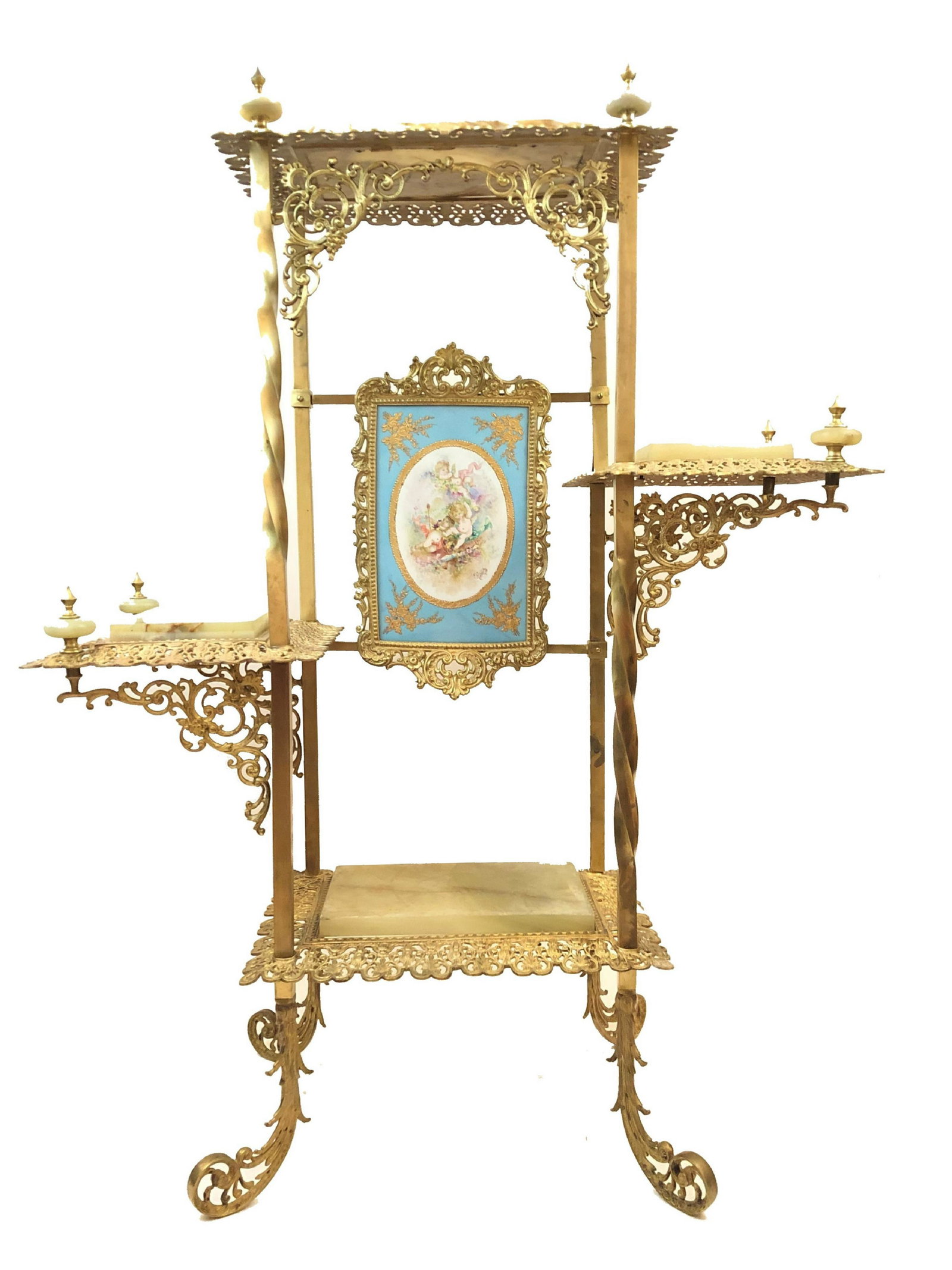 Victorian Brass, Onyx and Porcelain Plaque 5 Tieres (1 of 4)