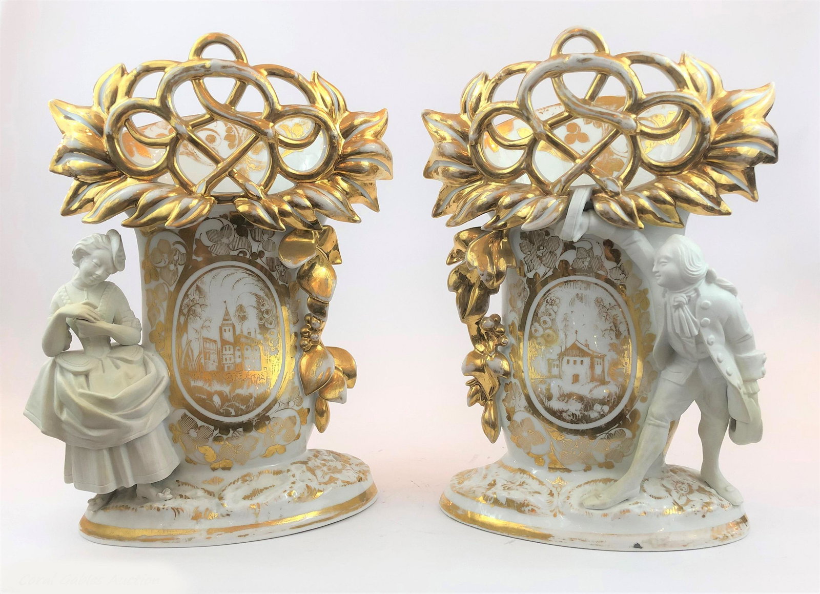Pair of Old Paris with designs in Biscuit: Pair of Old Paris with designs in Biscuit. Measure 16"in H.