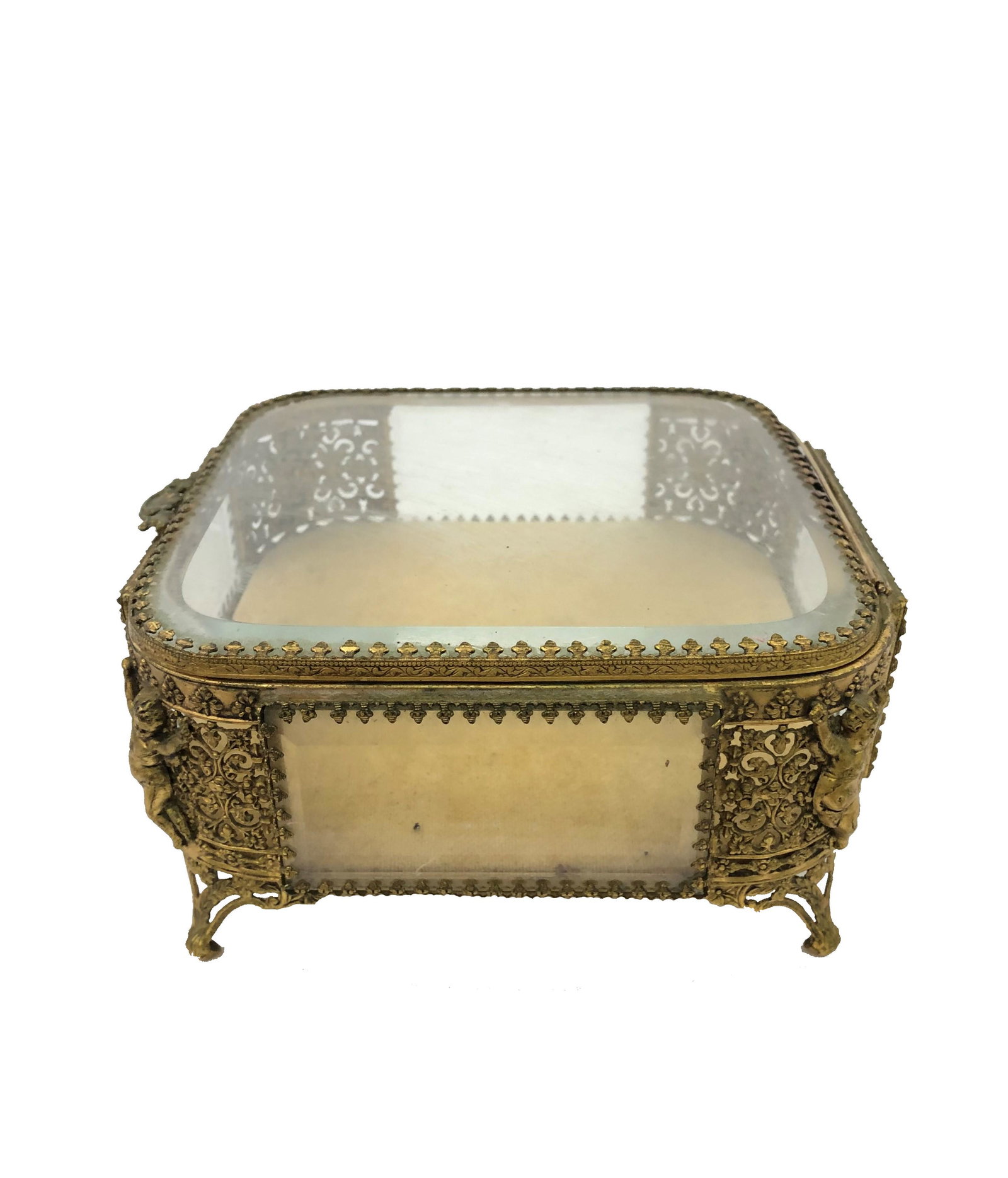 Brass and Crystal Box: Brass and Crystal Box. Measure 3 1/4"in H x 7"in W x 7"in D.