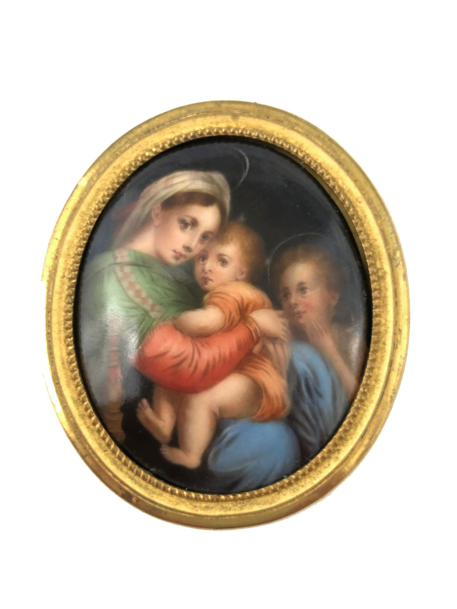 Porcelain Plaque Hand Painted Antique Madonna & Child: Porcelain Plaque Hand Painted Antique Madonna & Child KPM Style. The convex porcelain measures 2 3/8" x 2", and framed it measures 2 3/4" x 2 3/8".