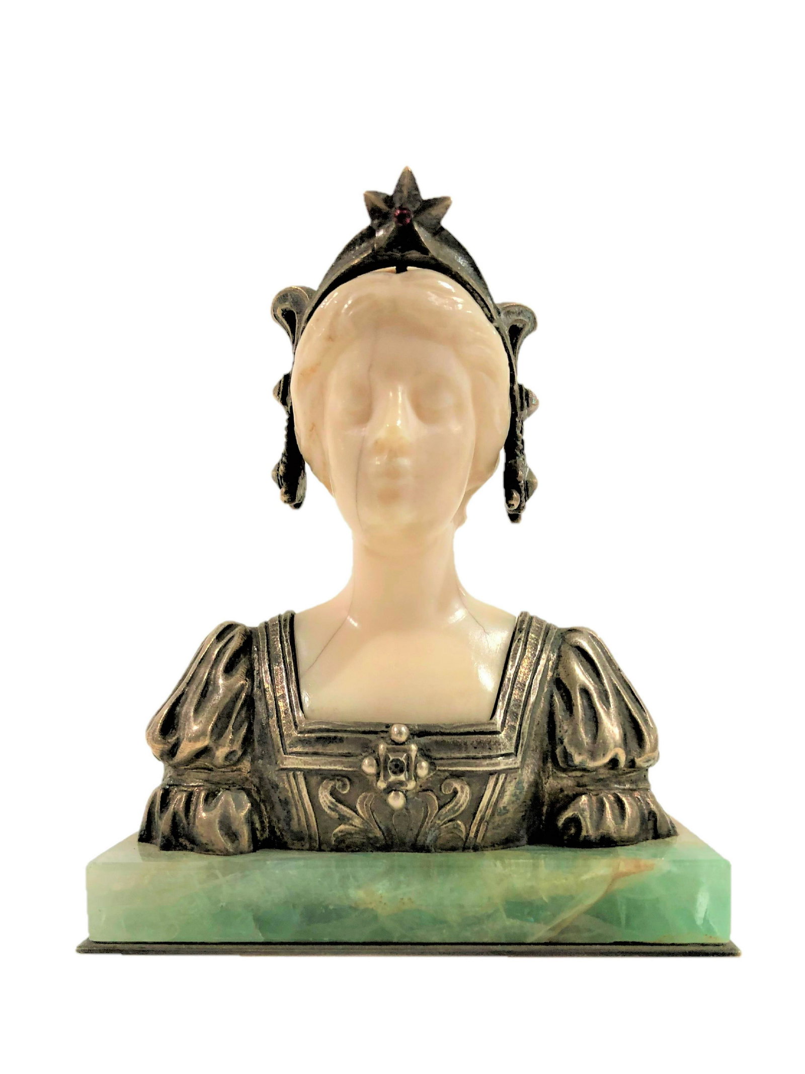 Sterling Silver Art Nouveau Sculpture Of Diana c 1890: Sterling & Stone Art Nouveau Sculpture Of Diana c 1890. Diana wears a ruby gem studded sterling tiara and wears a detailed sterling silver gown. Marked sterling. Base is a pale green stone perhaps flu