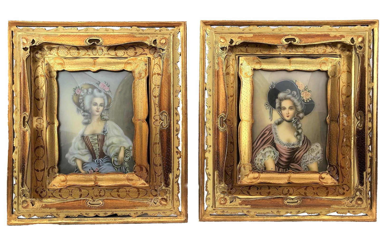 Pair of Bakelite paintings with wooden frame.: Pair of Bakelite paintings with wooden frame. Measure 18"in H x 16"in W.
