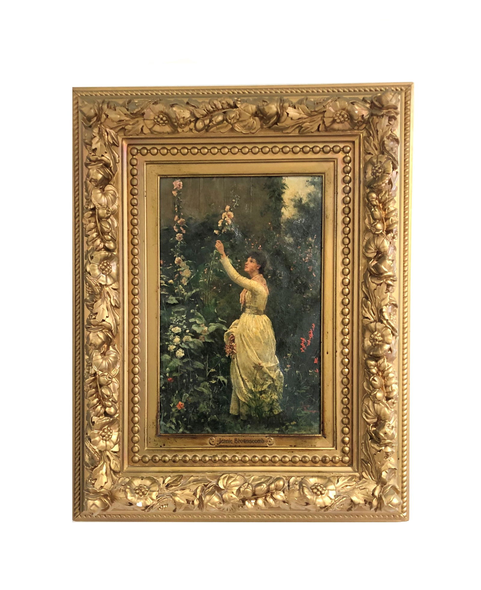 Jennie Augusta Brownscombe (1850 - 1936) American: Jennie Augusta Brownscombe (1850 - 1936) American. Oil on Canvas. Measure 17 1/2"in H x 12"in W and 26"in H x 20 1/2"in W with frame. Born in Honesdale, Pennsylvania, Jennie Brownscombe is noted for h