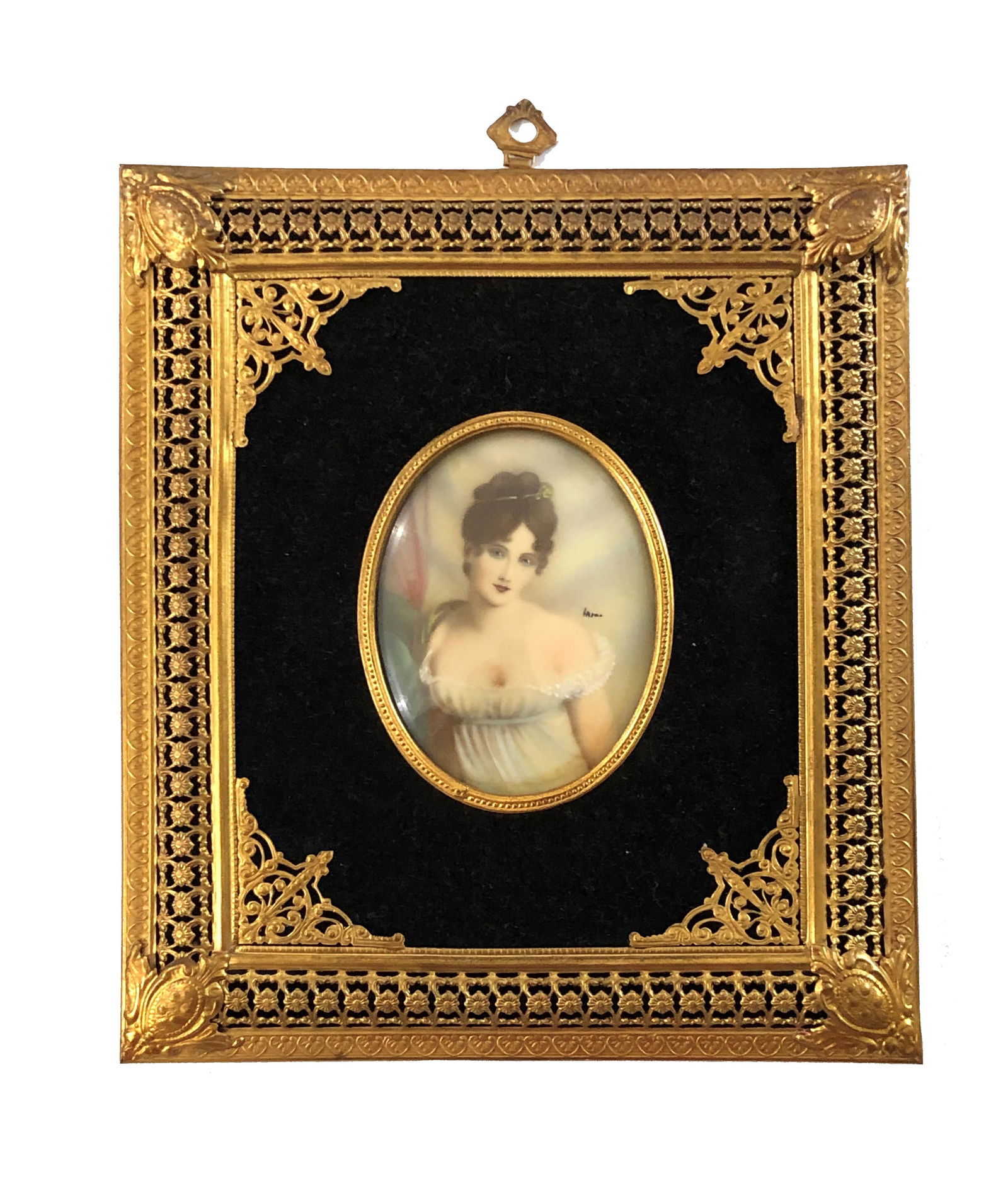 European Hand Painted Potrait Plaque: European Hand Painted Potrait Plaque. Measure 3"in H x 2 1/4"in W and 7"In H x 6 1/4"In W with frame.