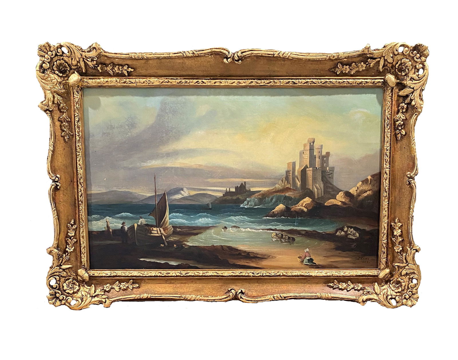 Signed R Teare Oil on Canvas Painting: Signed Oil on Canvas "Rocky Beach with Figures and Castle" Signed R. Teare Lower Right and Dated June, 1868. Canvas Has Been Relined. Measures 17 1/4"in H x 26 1/2"in W and 21 1/2"in H x 31 1/2"in W w