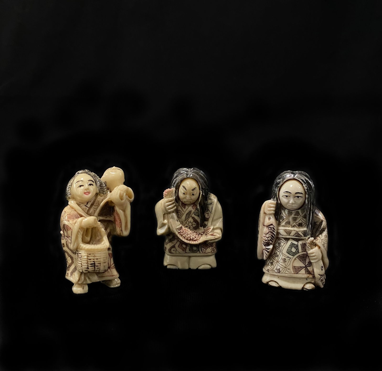 Lot of 3 Hand-Carved and Polychrome Netsukes (1 of 4)