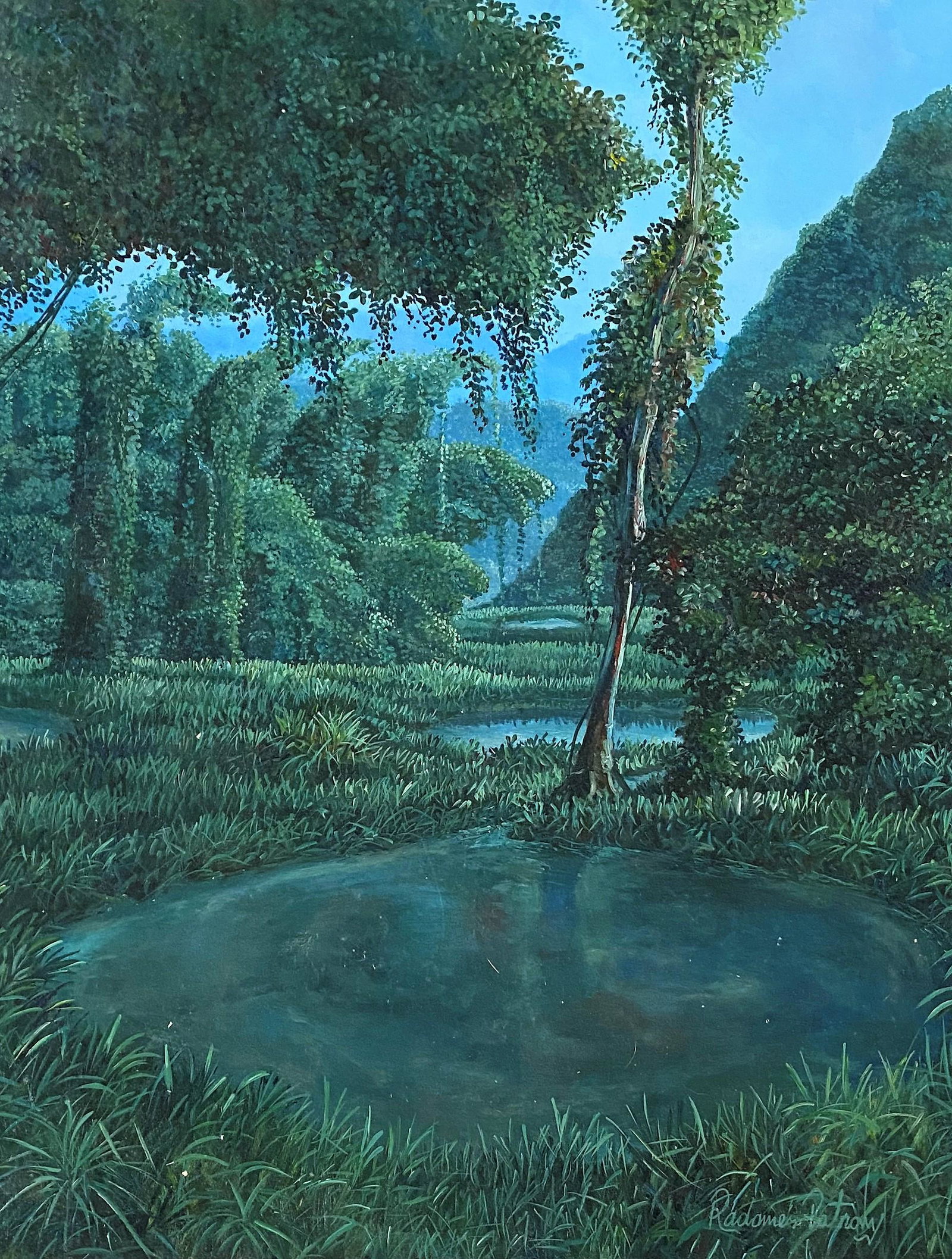 Radames Potrony. Cuban Artist: Radames Potrony. Cuban Landscape. Latin American Art. Acrylic on Paper on Board. Measure 23"in H x 18"in W. No frame.