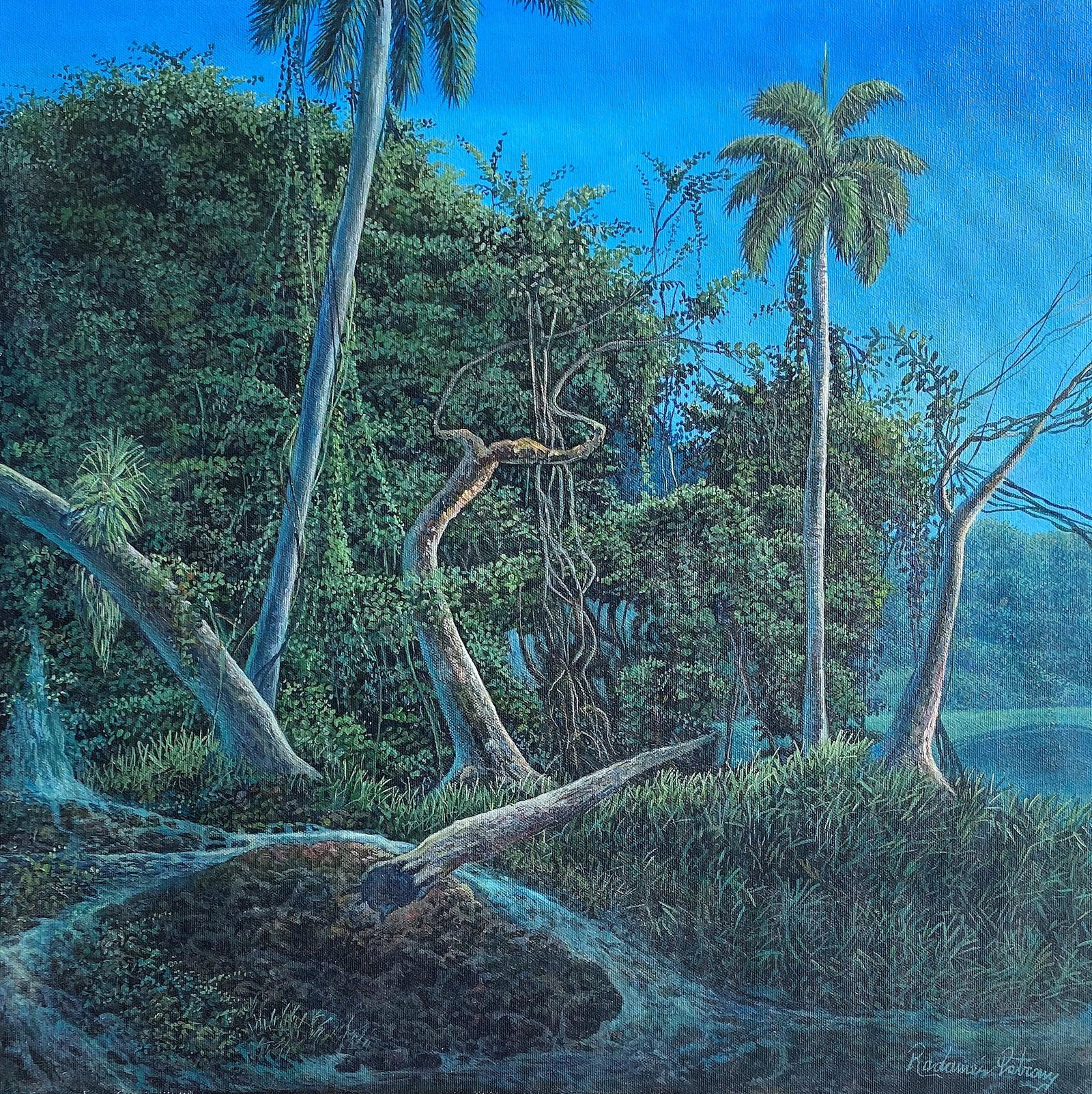 Radames Potrony. Cuban Artist: Radames Potrony. Cuban Landscape. Latin American Art. Acrylic on Paper on Board. Measure 20"in H x 20"in W. No frame.