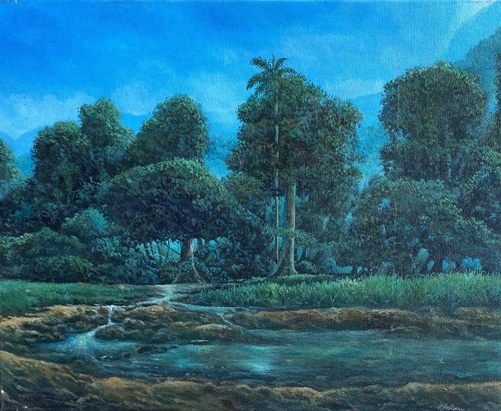 Radames Potrony. Cuban Artist: Radames Potrony. Cuban Landscape. Latin American Art. Acrylic on Paper on Board. Measure 15 3/4"in H x 20"in W. No frame.