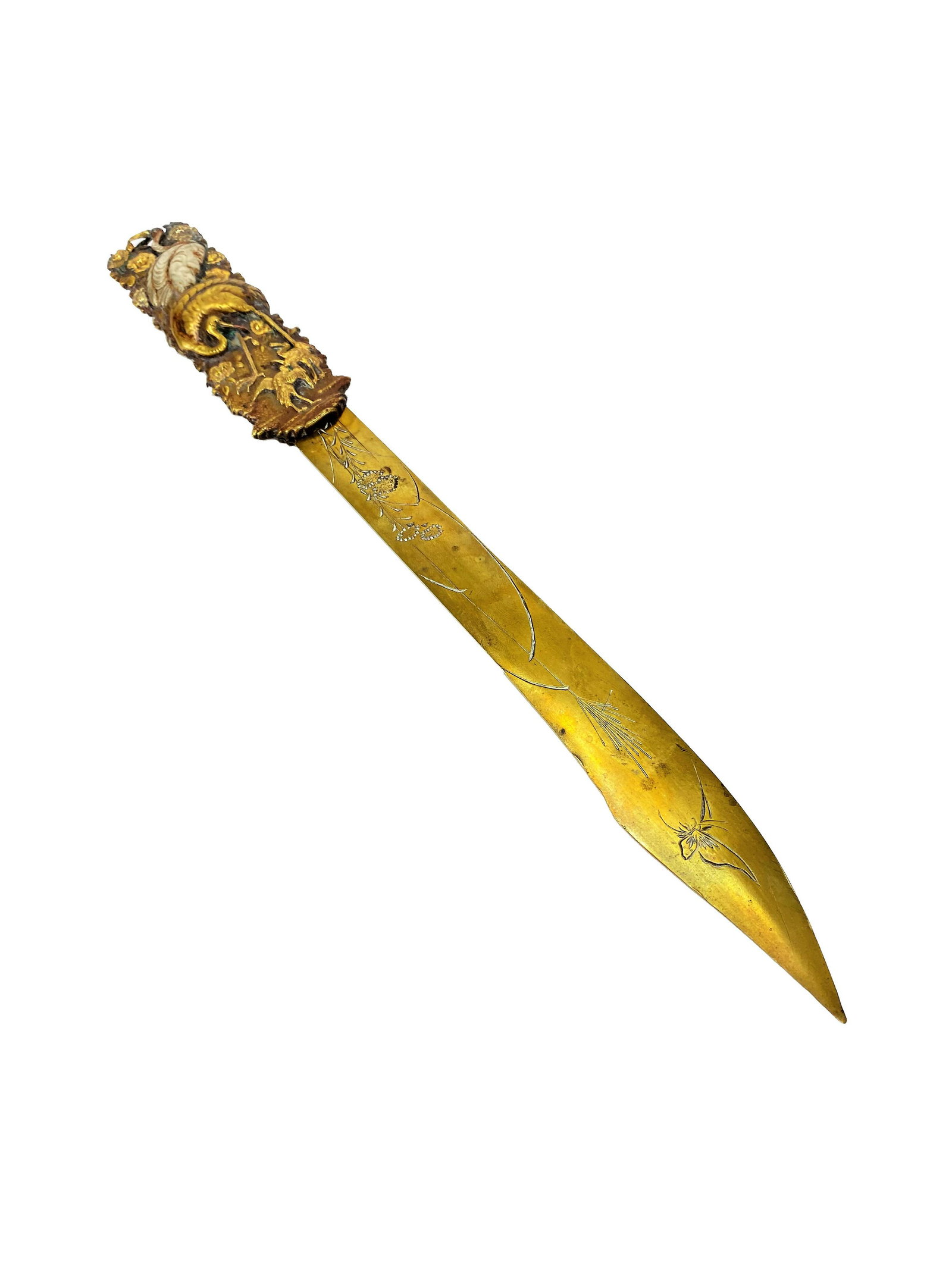 Antique Meiji Period Mixed Metal Japanese Letter Opener: Beautiful Antique Meiji Period Mixed Metal Japanese Letter Opener.The handle has mixed metal gold, silver, copper storks and flowers. It is artist signed on a silvered oblong on the bottom left of the