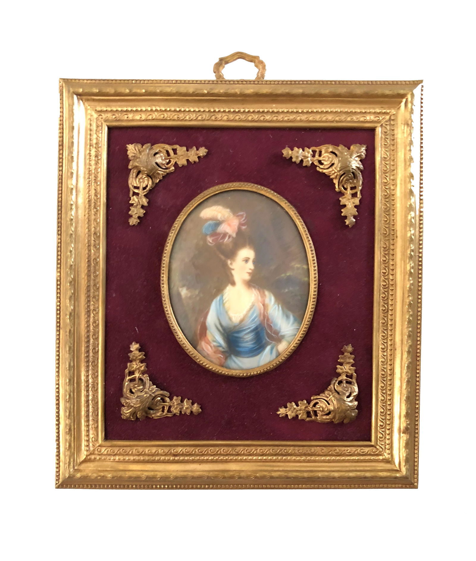 European Hand Painted Potrait Plaque: European Hand Painted Potrait Plaque. Measure 3 1/4"in H x 2 1/2"in W and 7 1/4"in H x 6 1/2"in W with frame.