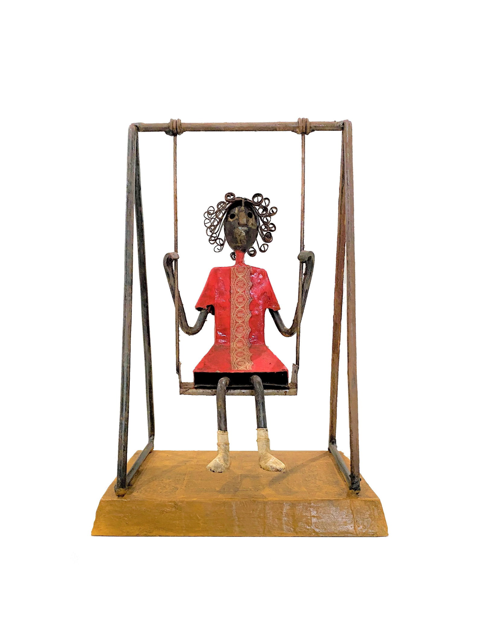Manuel Felguerez Barra (1928_2020) Sculpture: Manuel Felguerez Barra (1928_2020) Sculpture. Girl on a Swing. Metal, fabric, decoupage. Sculpture-Volume, Metal. Measure 12"in H x 7 3/4"in W.
