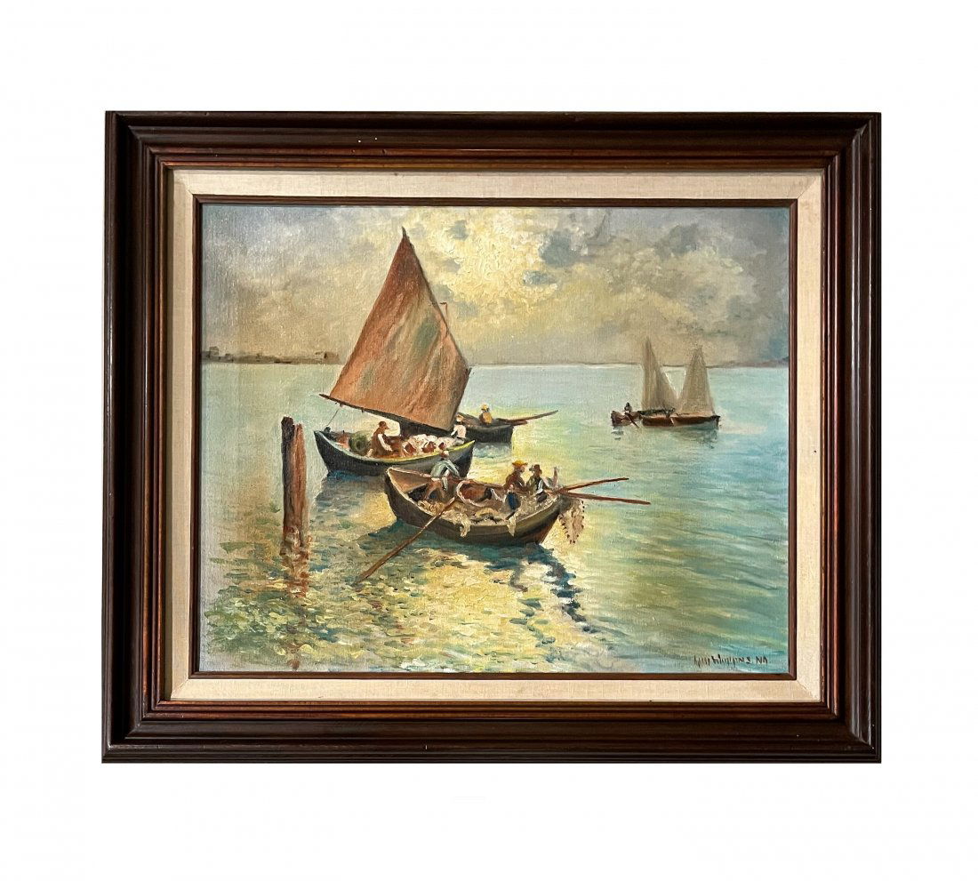 Guy Carleton Wiggins (1883 - 1962) American: Guy Carleton Wiggins (1883 - 1962) American. Oil on Canvas. Measure 15 1/2"in H x 19 1/2"in W and 21 1/2"in H x 25 1/2"in W with frame. Known for: Urban snowfall and other impressionist landscape pain