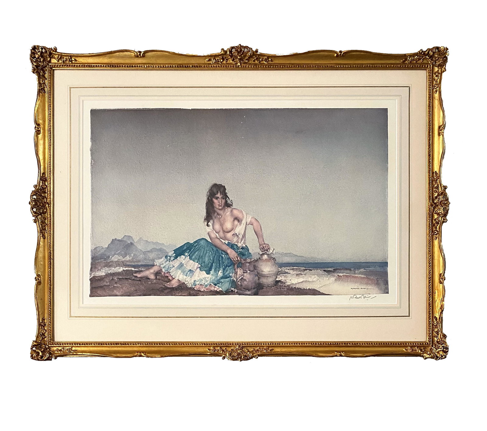 William Russell (Sir William) Flint (1880 - 1969) Print: William Russell (Sir William) Flint (1880 - 1969) Print. Measure 15 1/2"in H x 24 3/4"in W and 25 1/2"in H x 34"in W with frame. Known for: Watercolor painting, etching, drypoint, nude dancing females