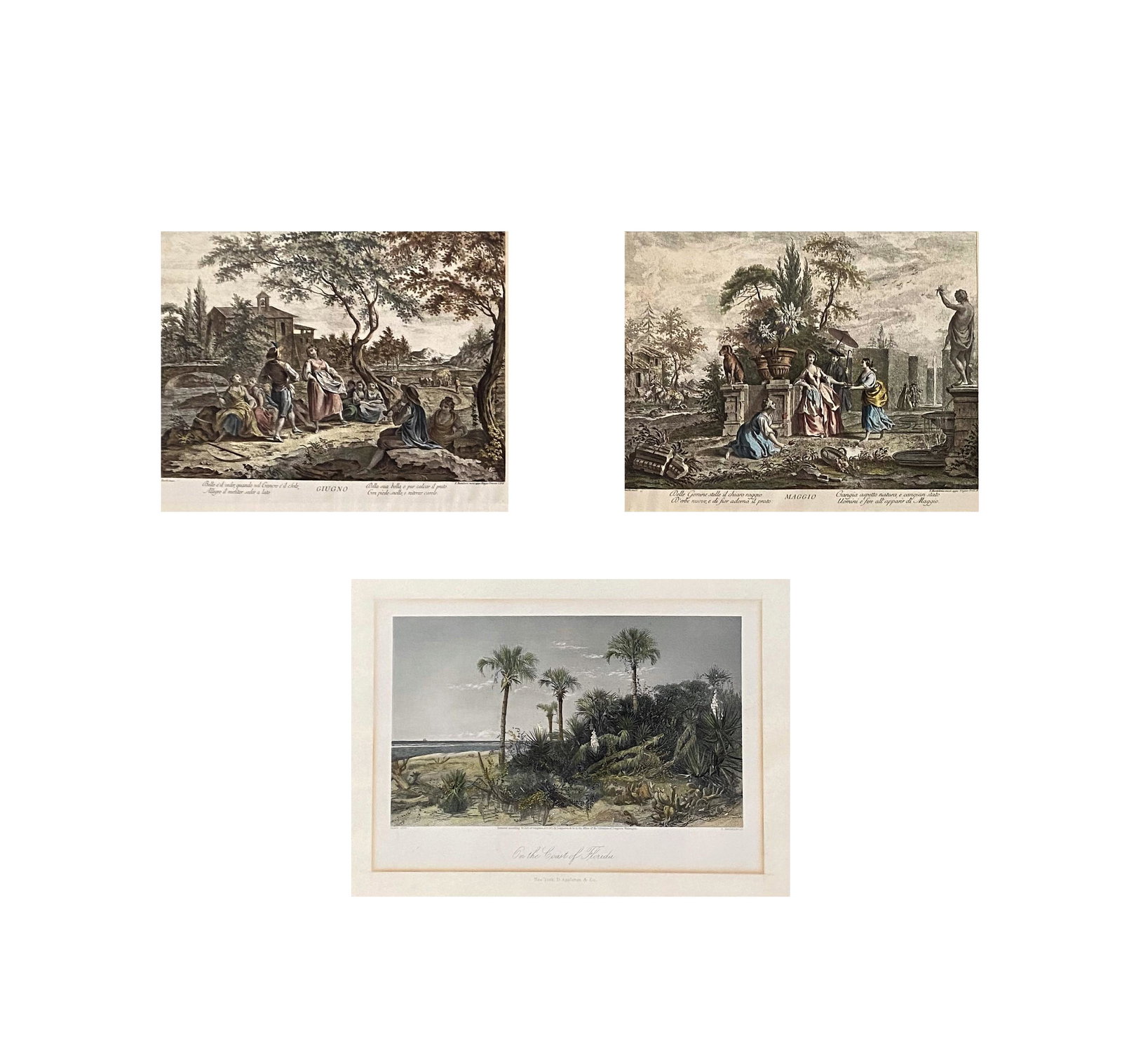 Two Giuseppe Zocchi and One Harry Fenn Print: Two Giuseppe Zocchi Print on Silk Copy of the paintings Giugno measure 10"in H x 12"in W no frame and Maggio measure 9 3/4"in H x 11 1/2"in W no frame. Harry Fenn Title "On the Coast of Florida" Measu