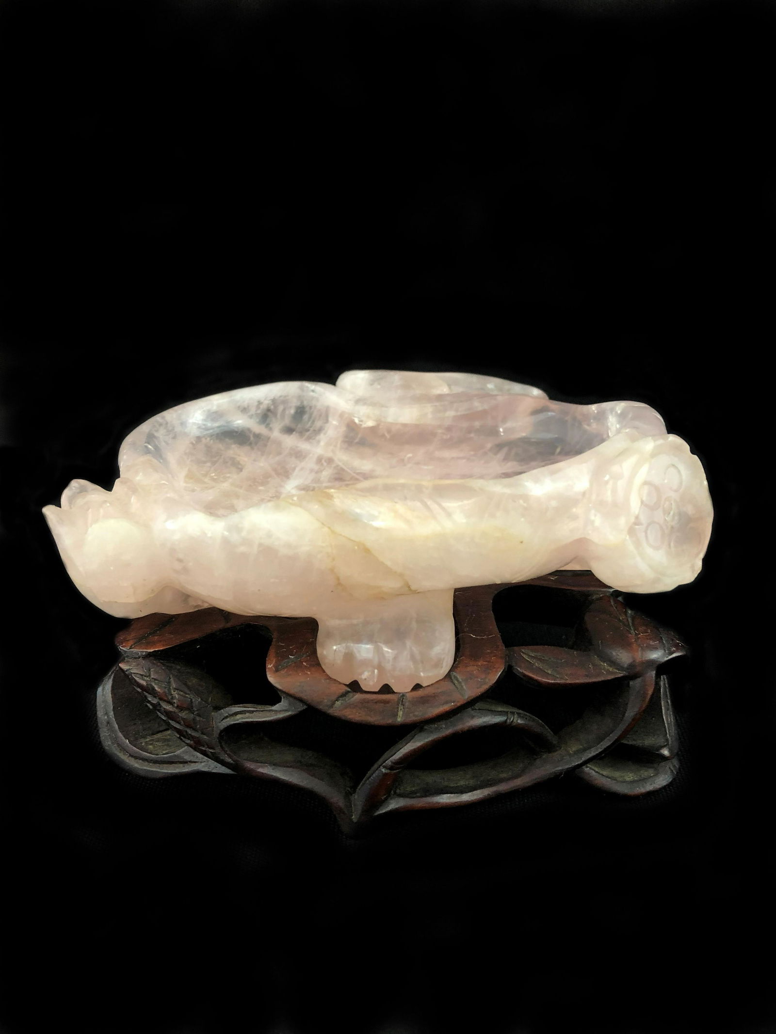 Chinese Carved Pink Rose Quartz Figural Ashtray (1 of 2)