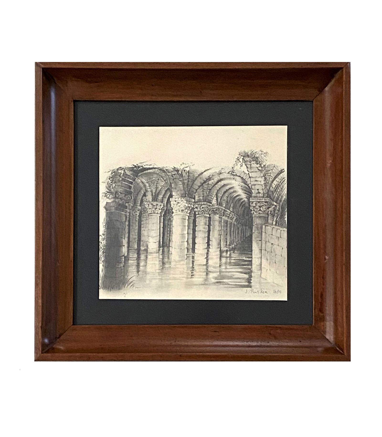 John Ruskin (1819 - 1900) England: John Ruskin (1819 - 1900) England Pencil on Paper Dated 1884 Measure 6 1/4"in H x 6 3/4"in W and 10 1/2"in H x 11"in W with frame Known for: Watercolor painting, draughtsman, writing Biography: John R