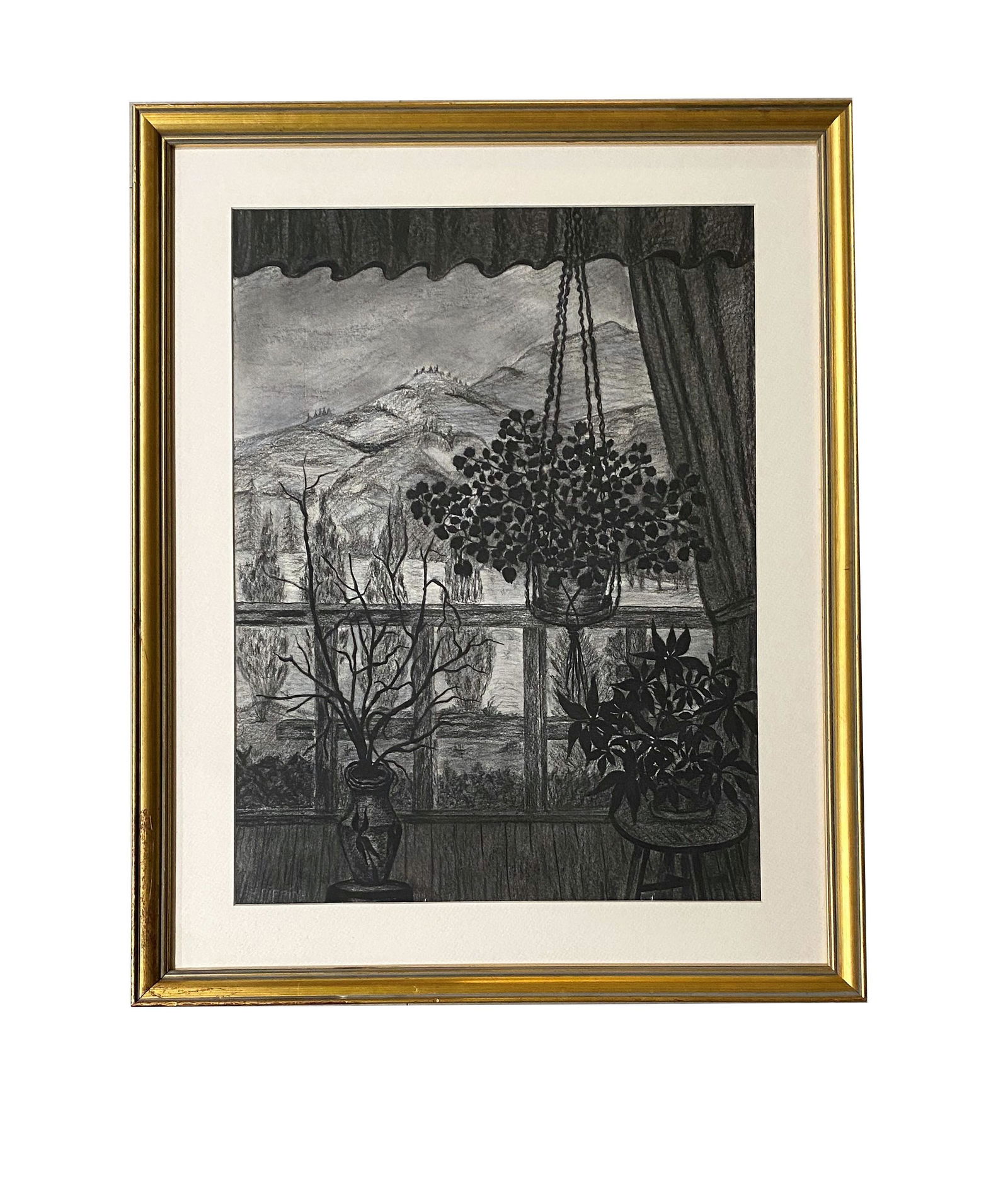 Horace Pippin (1888 - 1946) American: Horace Pippin (1888 - 1946) American Charcoal and Gouache on Paper Measure 19 3/4"in H x 14 3/4"in W and 25 1/2"in H x 20 1/2"in W with frame Known for: Naive townscape, genre and still-life painting