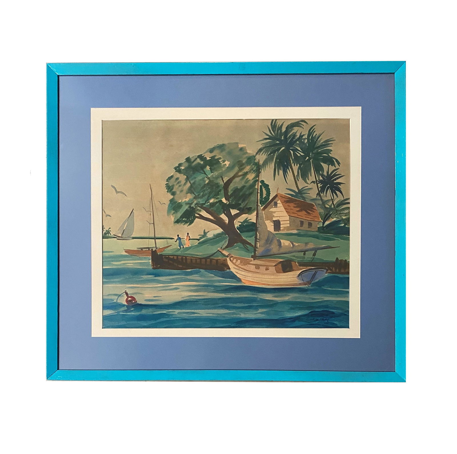 Robert Lee Eskridge (1891 - 1975) American: Robert Lee Eskridge (1891 - 1975) American Watercolor on Paper Measure 21"in H x 24 1/2"in W and 31 1/2"in H x 35 1/2"in W with frame Known for: Marine genre, illustrator, mural. A genre painter, mura