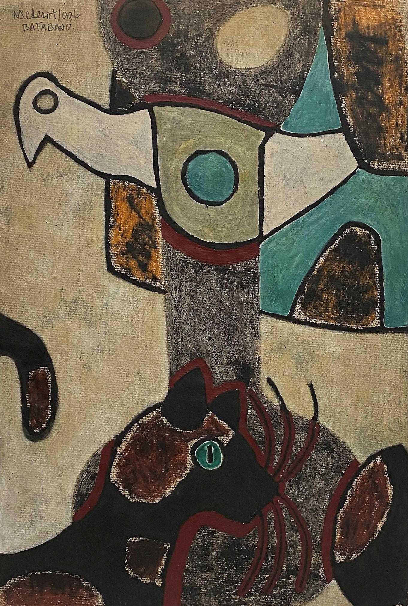 Jose M Mederos Sigler (Cuban): Jose M Mederos Sigler (Cuban) Mixed Media on Paper Title: Gato con Pajaro Volando Dated: 2006 Signed Melero / Batabano Measure 24"in H x 16 1/2"in W. No frame