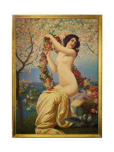 Valere Bernard (c.1860 - 1936) France: Valere Bernard (c.1860 - 1936) France Oil on Canvas Title: An Allegory of Spring Signed lower right Valere Bernard Measure: 65" x 45"; framed 70" x 50" Provenance: Christie's London September